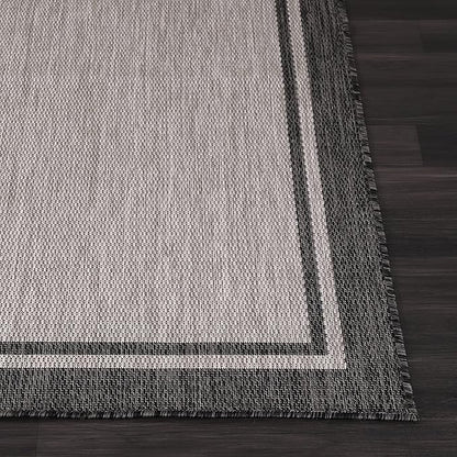 CAMILSON Indoor Outdoor Rug, 9x12 Bordered Gray Modern Area Rugs for Large Indoor and Outdoor Patios, Kitchen and Hallway Mats, Washable Porch Deck Outside Carpet (Bordered Grey, 9 x 12)