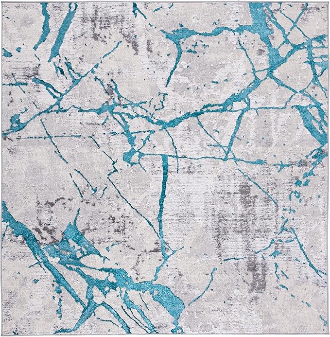 SAFAVIEH Amelia Collection Area Rug - 6'7" Square, Grey & Aqua, Modern Abstract Design, Non-Shedding & Easy Care, Ideal for High Traffic Areas in Living Room, Bedroom (ALA293H)