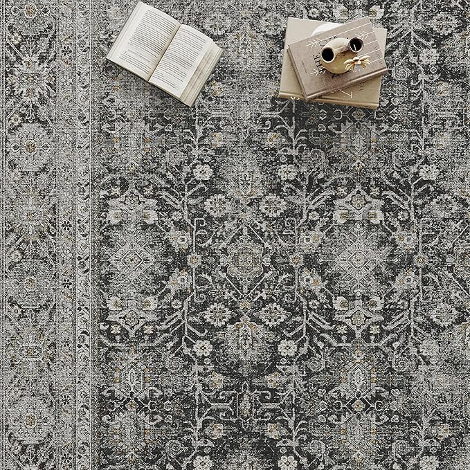 Black Runner Rug 2x8 Vintage Area Carpet Hallway Long Indoor Kitchen Washable Living Room Low Pile Traditional Distressed Retro Accent Throw Rug Non Slip Laundry Bathroom Office Dining Room
