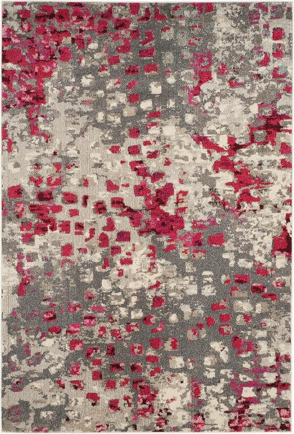 SAFAVIEH Monaco Collection Area Rug - 5'1" x 7'7", Grey & Fuchsia, Boho Chic Abstract Watercolor Design, Non-Shedding & Easy Care, Ideal for High Traffic Areas in Living Room, Bedroom (MNC225R)