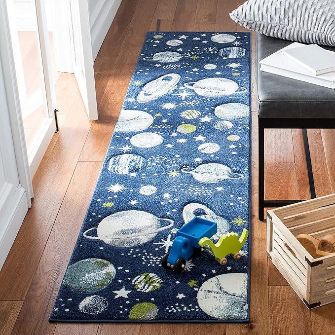 SAFAVIEH Carousel Kids Collection Area Rug - 2'3" x 6' Runner, Navy/Ivory, Geometric Design, Ideal for High Traffic Areas in Living Room, Bedroom, Dining (CRK103N)