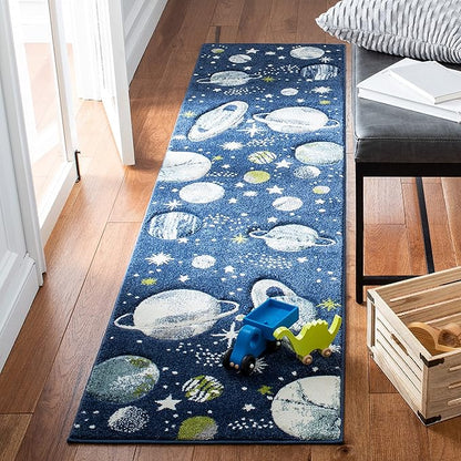 SAFAVIEH Carousel Kids Collection Area Rug - 2'3" x 6' Runner, Navy/Ivory, Geometric Design, Ideal for High Traffic Areas in Living Room, Bedroom, Dining (CRK103N)
