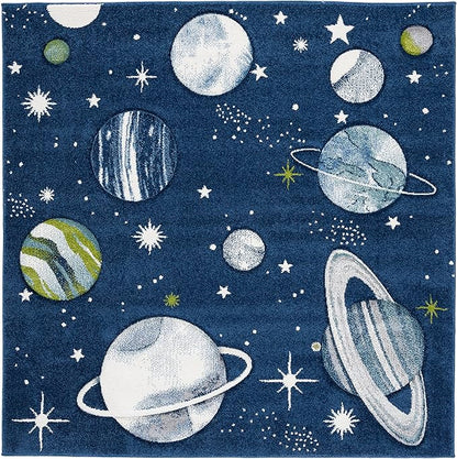 SAFAVIEH Carousel Kids Collection Area Rug - 6'7" Square, Navy & Ivory, Non-Shedding & Easy Care, Ideal for High Traffic Areas for Boys & Girls in Playroom, Nursery, Bedroom (CRK103N)