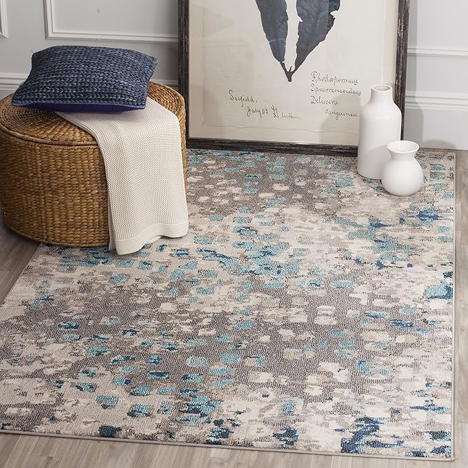 SAFAVIEH Monaco Collection Area Rug - 6'7" x 9'2", Grey & Light Blue, Boho Chic Abstract Watercolor Design, Non-Shedding & Easy Care, Ideal for High Traffic Areas in Living Room, Bedroom (MNC225E)