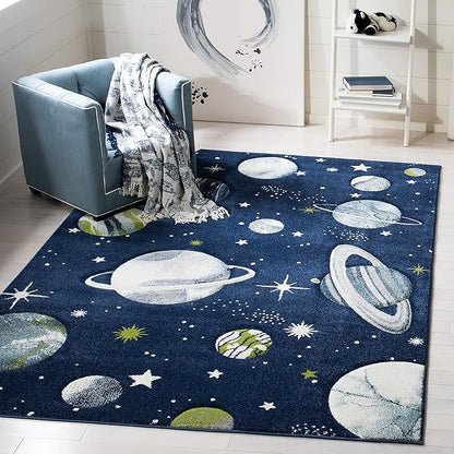 SAFAVIEH Carousel Kids Collection Area Rug - 8' Square, Navy & Ivory, Non-Shedding & Easy Care, Ideal for High Traffic Areas for Boys & Girls in Playroom, Nursery, Bedroom (CRK103N)