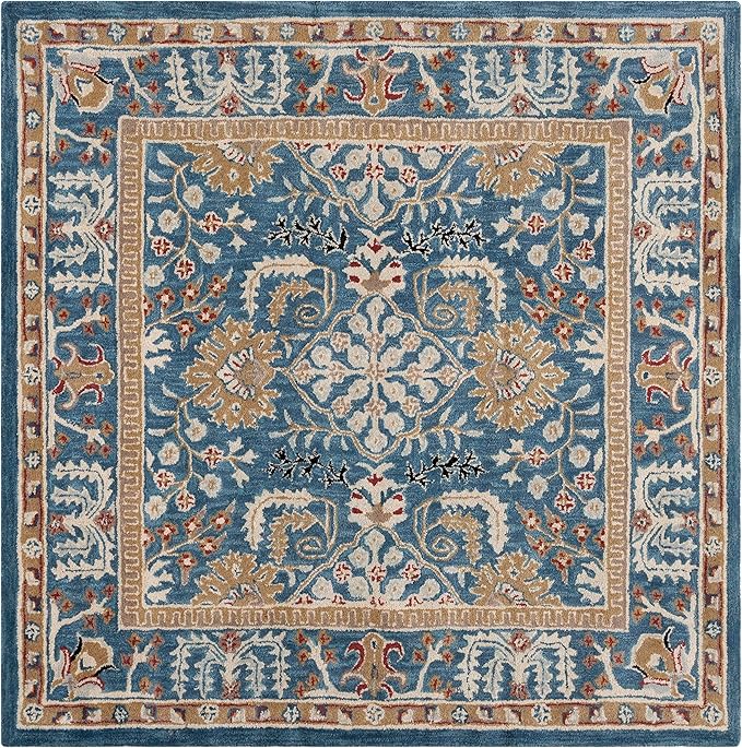 SAFAVIEH Antiquity Collection Area Rug - 8' Square, Dark Blue & Multi, Handmade Traditional Oriental Wool, Ideal for High Traffic Areas in Living Room, Bedroom (AT64B)