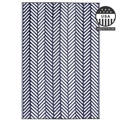 FH Home Outdoor Rug - Waterproof, Fade Resistant, Reversible - Premium Recycled Plastic - Herringbone - Large Patio, Deck, Sunroom, Camping, RV - Fresno - Navy Crease Free - 6 x 9 ft