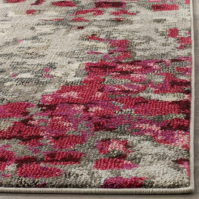 SAFAVIEH Monaco Collection Area Rug - 6'7" x 9'2", Grey & Fuchsia, Boho Chic Abstract Watercolor Design, Non-Shedding & Easy Care, Ideal for High Traffic Areas in Living Room, Bedroom (MNC225R)