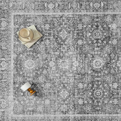 Blue 8x10 Area Rug Non Slip Large Vintage Living Room Distressed Machine Washable Retro Carpet Indoor Bedroom Traditional Floral Accent Throw Rug for Office Kitchen Dorm Dining Room