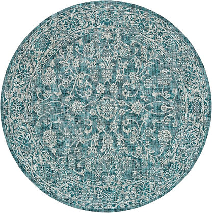JONATHAN Y Weave Floral Indoor Outdoor Round Area Rug 8 Ft Teal/Gray, Tela Bohemian Textured for Backyard, Patio, Porch, Easy-Cleaning, High Traffic, Pet-Friendly, Non-Shedding (SMB100C-8R)