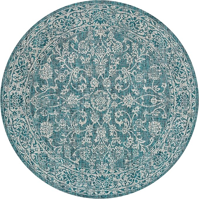 JONATHAN Y Weave Floral Indoor Outdoor Round Area Rug 9 Ft Teal/Gray, Tela Bohemian Textured for Backyard, Patio, Porch, Easy-Cleaning, High Traffic, Pet-Friendly, Non-Shedding (SMB100C-9R)