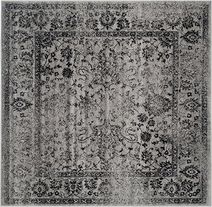 SAFAVIEH Adirondack Collection Area Rug - 12' Square, Grey & Black, Distressed Vintage Floral Design, Non-Shedding & Easy to Clean, Ideal for Living Room, Bedroom, Dining Space (ADR109B)