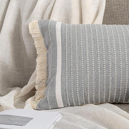 OJIA Modern Throw Pillow Cover with Tassels, Decorative Liana Fringe Accent Cushion Case, Farmhouse Woven Pillowcase for Sofa Chair Couch Bed Decor (Lumbar 12 x 20 Inches, Grey)