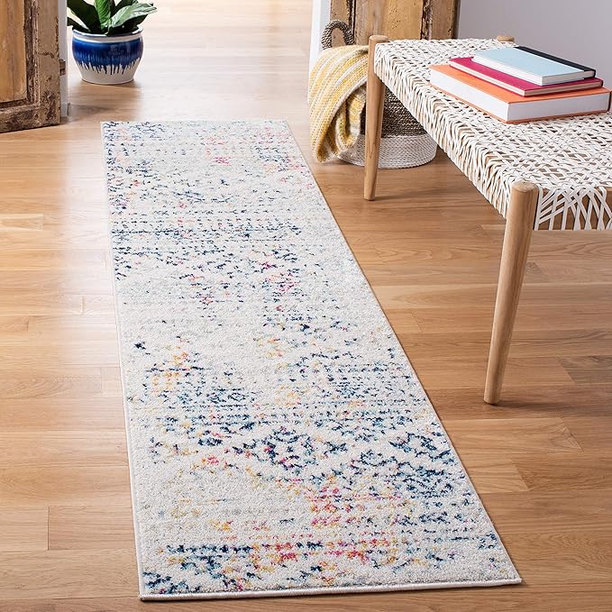 SAFAVIEH Tulum Collection Runner Rug - 2' x 21', Ivory & Blue, Moroccan Boho Tribal Design, Non-Shedding & Easy to Clean, Ideal for Living Room, Hallway, Foyer, Bedroom (TUL272C)