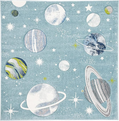 SAFAVIEH Carousel Kids Collection Area Rug - 5'3" Square, Teal & Ivory, Non-Shedding & Easy Care, Ideal for High Traffic Areas for Boys & Girls in Playroom, Nursery, Bedroom (CRK103J)