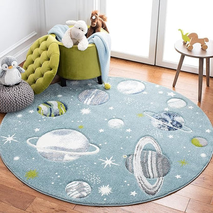 SAFAVIEH Carousel Kids Collection 5'3" Round Teal/Ivory CRK103J Outer Space Non-Shedding Playroom Nursery Bedroom Area Rug