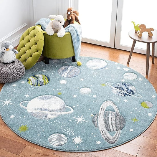 SAFAVIEH Carousel Kids Collection 5'3" Round Teal/Ivory CRK103J Outer Space Non-Shedding Playroom Nursery Bedroom Area Rug