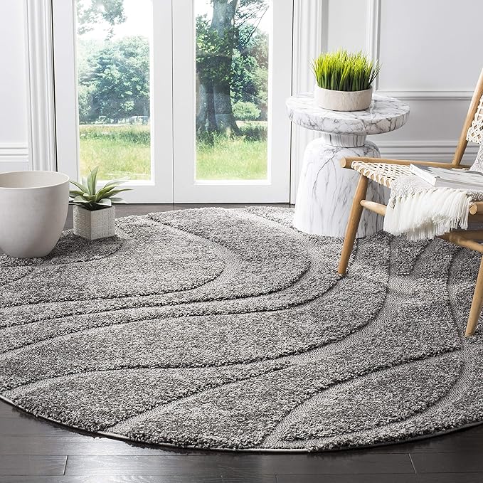SAFAVIEH Florida Shag Collection Area Rug - 5' Round, Grey & Grey, Non-Shedding & Easy Care, 1.2-inch Thick Ideal for High Traffic Areas in Living Room, Bedroom (SG471-8080)