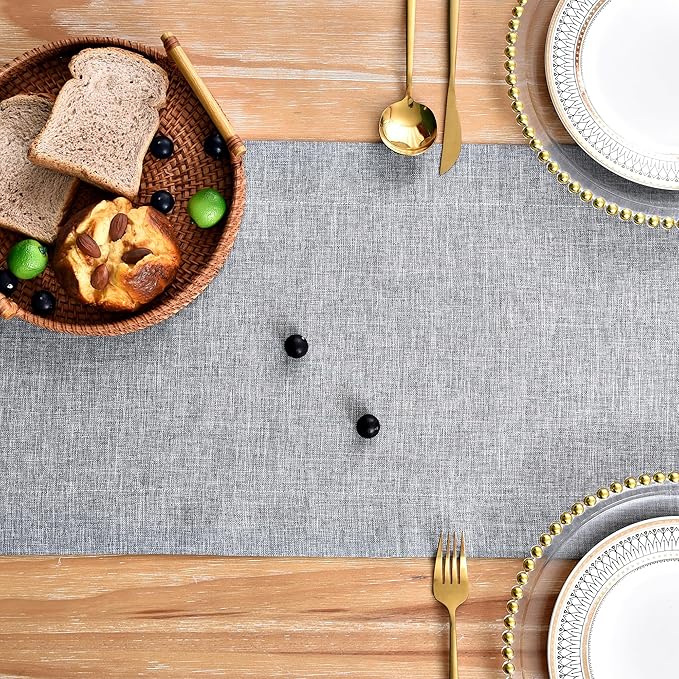 NEWISHER Farmhouse Rustic Table Runner Solid Grey Rectangular Table Runners Faux Linen Table Runner for Everyday Use Kitchen Dining Party Table 13x90 Inch