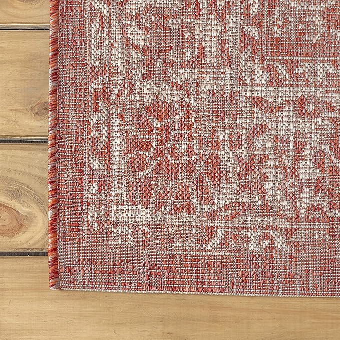 JONATHAN Y Weave Floral Indoor Outdoor Round Area Rug 4 Ft Red/Taupe, Tela Bohemian Textured for Backyard, Patio, Porch, Easy-Cleaning, High Traffic, Pet-Friendly, Non-Shedding (SMB100A-4R)