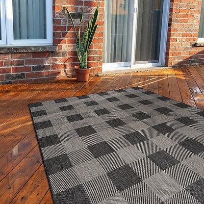 CAMILSON Outdoor Rug - Modern Area Rugs for Indoor and Outdoor Patios, Kitchen and Hallway mats - Easy Cleaning Non Shedding Washable Outside Carpet (8x10, Buffalo - Dark Grey/Light Grey)