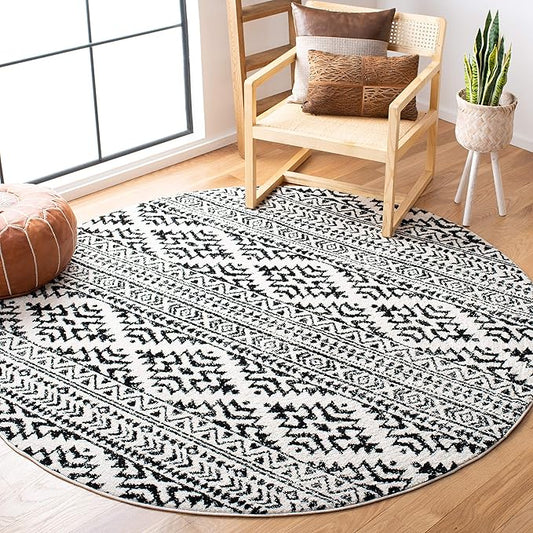 SAFAVIEH Tulum Collection Area Rug - 3' Round, Ivory & Black, Moroccan Boho Tribal Design, Non-Shedding & Easy to Clean, Ideal for Entryway, Foyer, Accent Space, Bedroom (TUL272B)