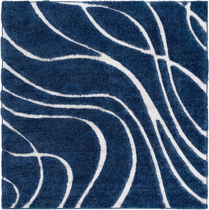 SAFAVIEH Florida Shag Collection Area Rug - 5' Square, Navy & Ivory, Non-Shedding & Easy Cleaning, Plush Thick Pile, Ideal for Living Room, Bedroom, Dining Space (SG471-6512)