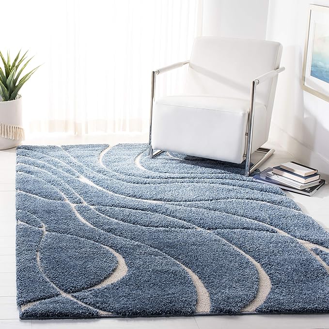 SAFAVIEH Florida Shag Collection Area Rug - 5'3" x 7'6", Light Blue & Cream, Non-Shedding & Easy Care, 1.2-inch Thick Ideal for High Traffic Areas in Living Room, Bedroom (SG471-6011)