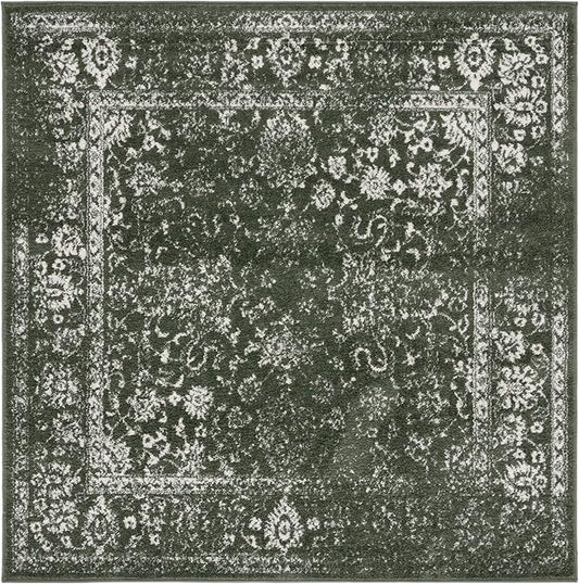SAFAVIEH Adirondack Collection Area Rug - 6' Square, Dark Green & Ivory, Distressed Vintage Floral Design, Non-Shedding & Easy to Clean, Ideal for Living Room, Bedroom, Dining Space (ADR109Y)