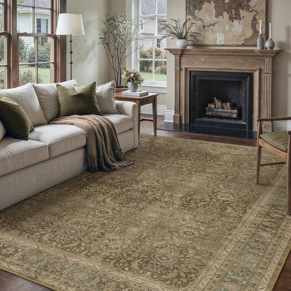 Brown 6x9 Area Rug Washable Vintage Carpet for Living Room Bedroom Large Soft Retro Floral Low Pile Thin Indoor Rug Non Slip Traditional Distressed Floor Cover for Dining Room Office