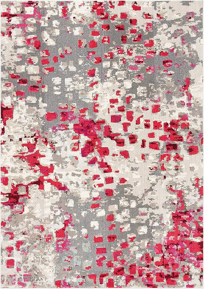 SAFAVIEH Monaco Collection Area Rug - 6'7" x 9'2", Grey & Fuchsia, Boho Chic Abstract Watercolor Design, Non-Shedding & Easy Care, Ideal for High Traffic Areas in Living Room, Bedroom (MNC225R)