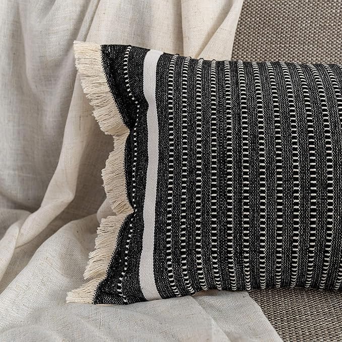 OJIA Modern Throw Pillow Cover with Tassels, Decorative Liana Fringe Accent Cushion Case, Farmhouse Woven Pillowcase for Sofa Chair Couch Bed Decor (Lumbar 12 x 20 Inches, Black)