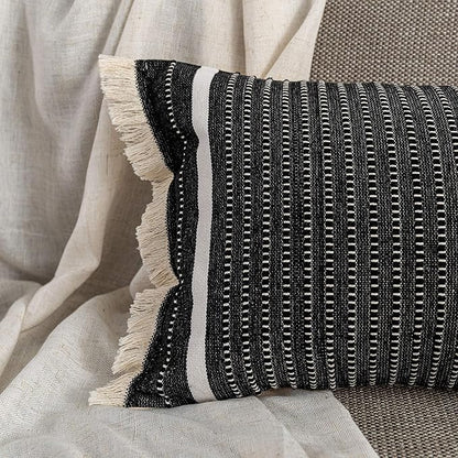 OJIA Modern Throw Pillow Cover with Tassels, Decorative Liana Fringe Accent Cushion Case, Farmhouse Woven Pillowcase for Sofa Chair Couch Bed Decor (Lumbar 12 x 20 Inches, Black)