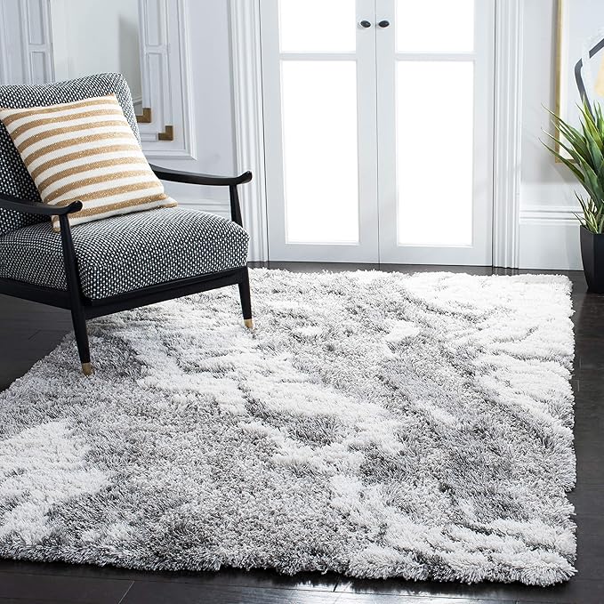 SAFAVIEH Horizon Shag Collection Area Rug - 6' x 8', Grey/Ivory, Geometric Design, Ideal for High Traffic Areas in Living Room, Bedroom, Dining (HZN890F)