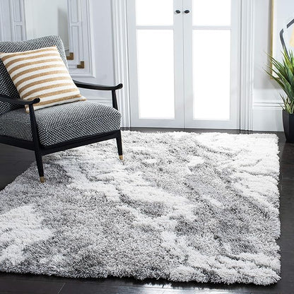 SAFAVIEH Horizon Shag Collection Area Rug - 6' x 8', Grey/Ivory, Geometric Design, Ideal for High Traffic Areas in Living Room, Bedroom, Dining (HZN890F)
