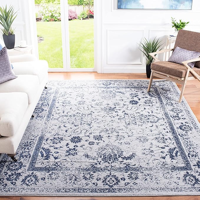 SAFAVIEH Area Rug 10x14 - Adirondack Collection - Large - Grey & Navy, Distressed Vintage Floral Design, Non-Shedding & Easy to Clean, Ideal for Living Room, Bedroom, Dining Space (ADR109P)