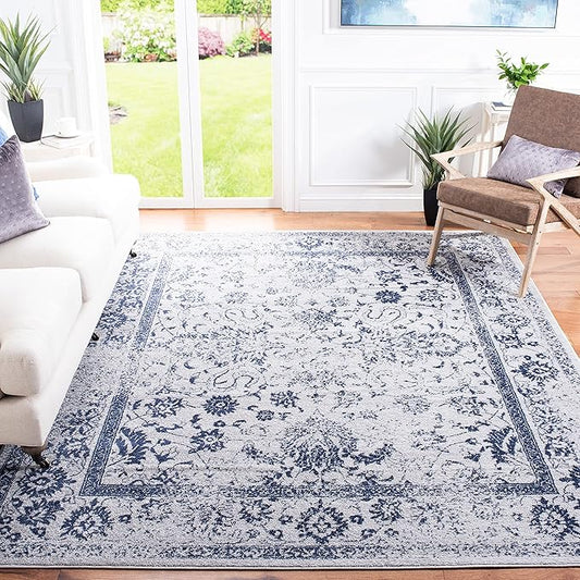 SAFAVIEH Area Rug 10x14 - Adirondack Collection - Large - Grey & Navy, Distressed Vintage Floral Design, Non-Shedding & Easy to Clean, Ideal for Living Room, Bedroom, Dining Space (ADR109P)