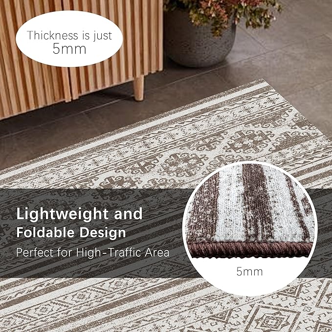 RUGSURE Washable Area Rugs 2'6'' x 8' - 1/6 Thick - Moroccan-Inspired -Stain & Water Resistant Non-Slip - Resistant Rug for Living Room, Bedroom, Nursery, Pet & Child Friendly (Brown)