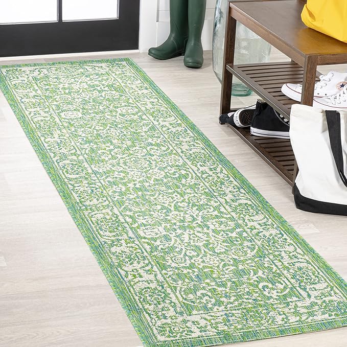 JONATHAN Y Weave Floral Indoor Outdoor Runner Rug 2X8 Cream/Green, Tela Bohemian Textured for Backyard, Patio, Porch, Easy-Cleaning, High Traffic, Pet-Friendly, Non-Shedding (SMB100F-28)