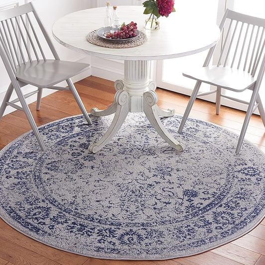 SAFAVIEH Adirondack Collection Area Rug - 4' Round, Grey & Navy, Distressed Vintage Floral Design, Non-Shedding & Easy to Clean, Ideal for Living Room, Bedroom, Dining Space (ADR109P)