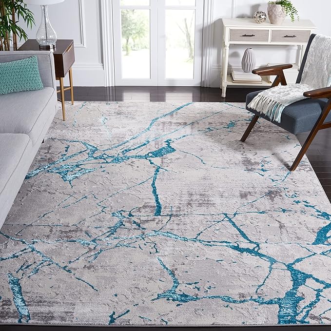 SAFAVIEH Area Rug 8x10 - Amelia Collection - Large - Grey & Aqua, Modern Design, Non-Shedding & Easy Cleaning, Ideal for Living Room, Bedroom, Office, Dining Space (ALA293H)