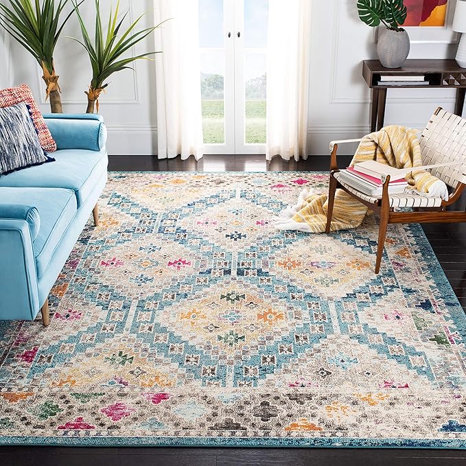 SAFAVIEH Madison Collection Area Rug - 6' x 9', Dark Blue & Yellow, Boho Diamond Distressed Design, Non-Shedding & Easy Care, Ideal for High Traffic Areas in Living Room, Bedroom (MAD418N)