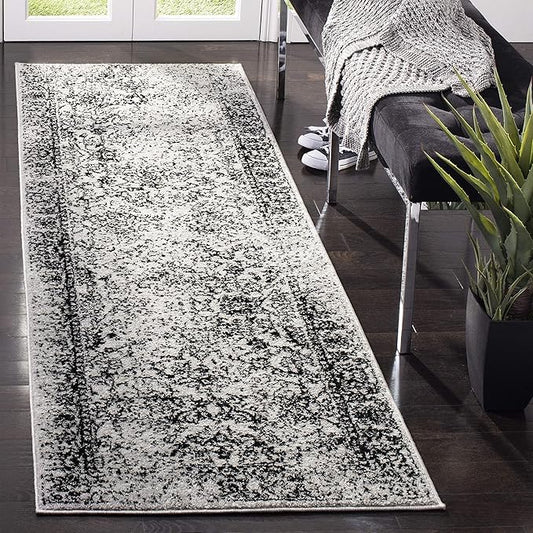 SAFAVIEH Adirondack Collection Runner Rug - 2'6" x 12', Grey & Black, Distressed Vintage Floral Design, Non-Shedding & Easy to Clean, Ideal for Hallway, Foyer, Entryway, Bedroom (ADR109B)