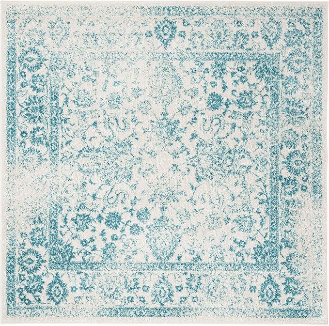 SAFAVIEH Adirondack Collection Area Rug - 6' Square, Ivory & Teal, Distressed Vintage Floral Design, Non-Shedding & Easy to Clean, Ideal for Living Room, Bedroom, Dining Space (ADR109D)
