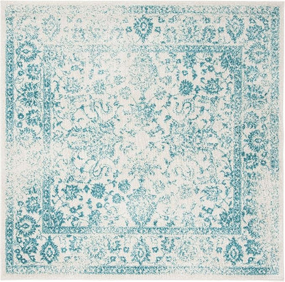 SAFAVIEH Adirondack Collection Area Rug - 4' Square, Ivory & Teal, Distressed Vintage Floral Design, Non-Shedding & Easy to Clean, Ideal for Living Room, Bedroom, Dining Space (ADR109D)