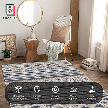 RUGSURE Washable Area Rugs 8' x 10' - 1/6 Thick - Moroccan-Inspired -Stain & Water Resistant Non-Slip - Resistant Rug for Living Room, Bedroom, Nursery, Pet & Child Friendly (Blue and Brown)