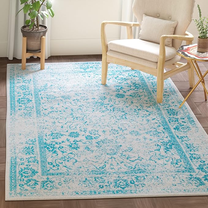 SAFAVIEH Area Rug 6x9 - Adirondack Collection - Ivory & Teal, Distressed Vintage Floral Design, Non-Shedding & Easy to Clean, Ideal for Living Room, Bedroom, Dining Space (ADR109D)