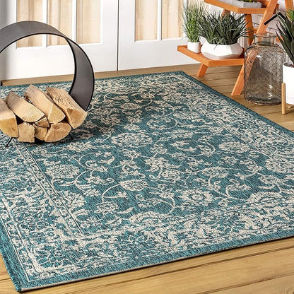 JONATHAN Y Weave Floral Indoor Outdoor Area Rug 4X6 Teal/Gray, Tela Bohemian Textured for Backyard, Patio, Porch, Easy-Cleaning, High Traffic, Pet-Friendly, Non-Shedding (SMB100C-4)