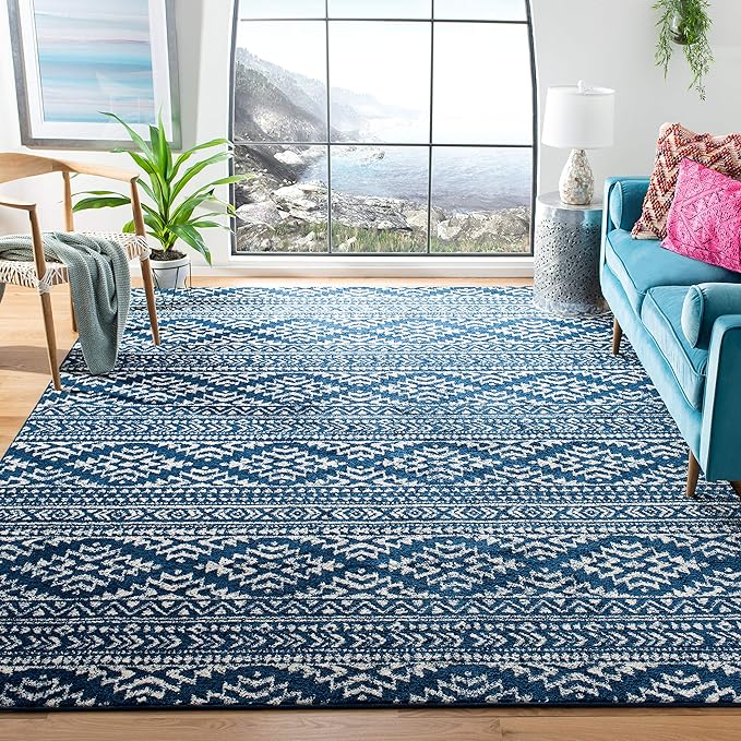 SAFAVIEH Tulum Collection Area Rug - 10' Square, Navy & Ivory, Moroccan Boho Tribal Design, Non-Shedding & Easy to Clean, Ideal for Living Room, Bedroom, Dining Space (TUL272N)