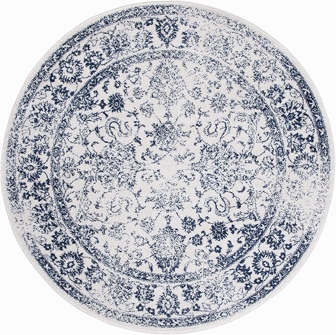 SAFAVIEH Adirondack Collection Area Rug - 6' Round, Ivory & Navy, Distressed Vintage Floral Design, Non-Shedding & Easy to Clean, Ideal for Living Room, Bedroom, Dining Space (ADR109M)